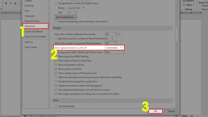 Chọn định dạng Centimeters trong Word